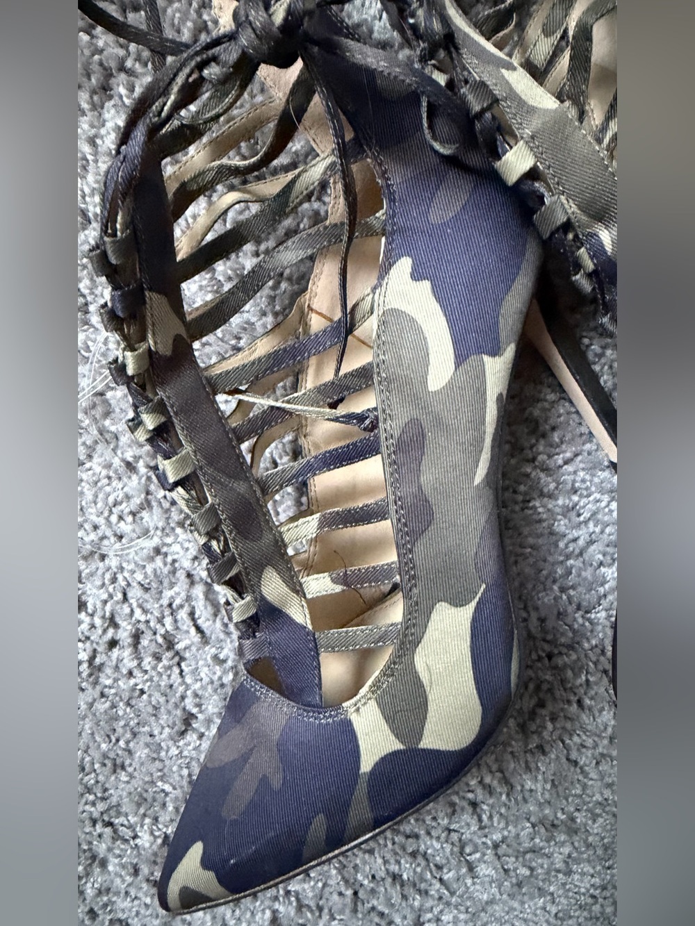 Jessica Simpson Camouflage Lace-Up Stiletto Heels in Olive & Black
